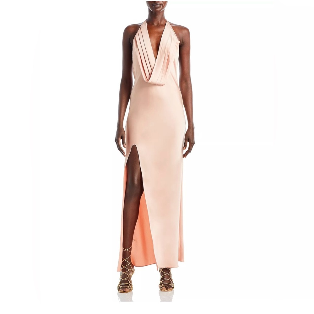 Ramy Brook Valentina Plunging Halter Maxi Gown In Rose Quartz Size 10 Side Slit